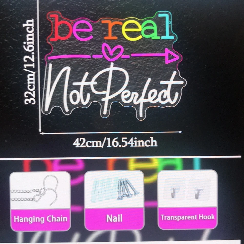 Be Real Not Perfect LED Neon Sign Multicolor Wall Decor NWT